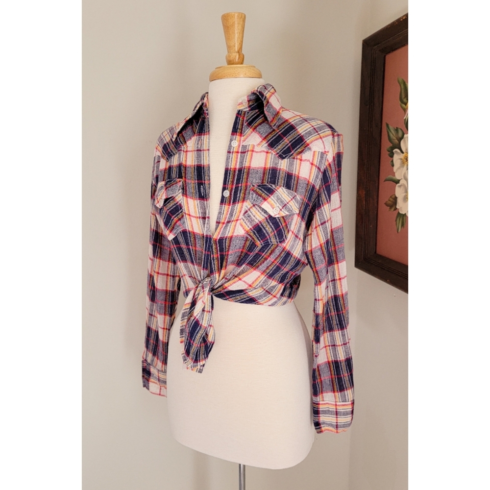 70s Plaid Cotton Gauze Long Sleeve 1970s Vintage Button Down India Cotton Blouse - Picture 8 of 15